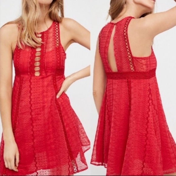 Free People Wherever You Go Red Eyelet Mini Dress - Picture 3 of 14